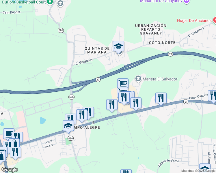 map of restaurants, bars, coffee shops, grocery stores, and more near Interstate PR2 in Manatí
