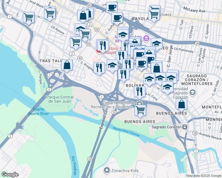 map of restaurants, bars, coffee shops, grocery stores, and more near 1454-1474 Calle Aibonito in San Juan
