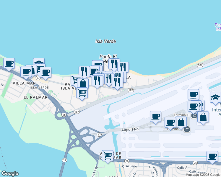 map of restaurants, bars, coffee shops, grocery stores, and more near 916 Puerto Rico 37 in Carolina