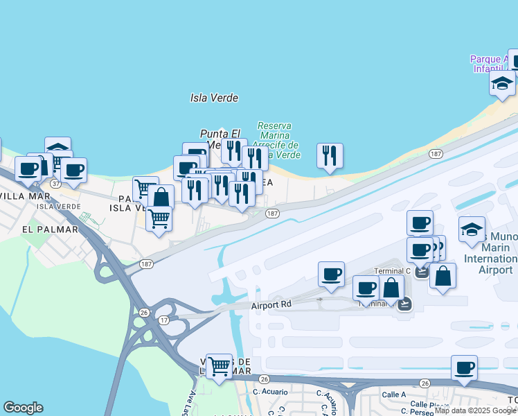 map of restaurants, bars, coffee shops, grocery stores, and more near 6961 Avenida Los Gobernadores in Carolina