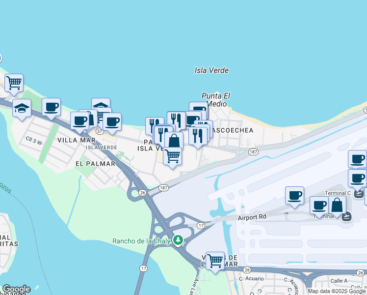 map of restaurants, bars, coffee shops, grocery stores, and more near 6200 Avenida Isla Verde in Carolina