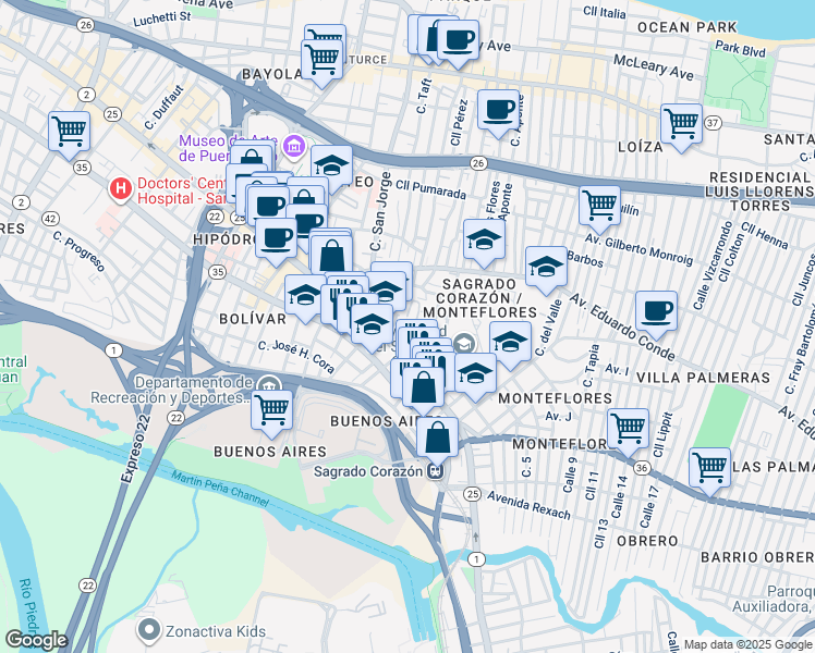 map of restaurants, bars, coffee shops, grocery stores, and more near Avenida Juan Ponce de León in San Juan