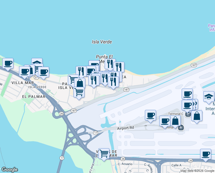 map of restaurants, bars, coffee shops, grocery stores, and more near 6741 Avenida Isla Verde in Carolina
