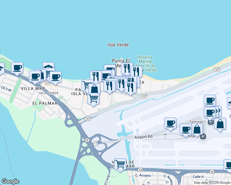 map of restaurants, bars, coffee shops, grocery stores, and more near 6741 Avenida Isla Verde in Carolina