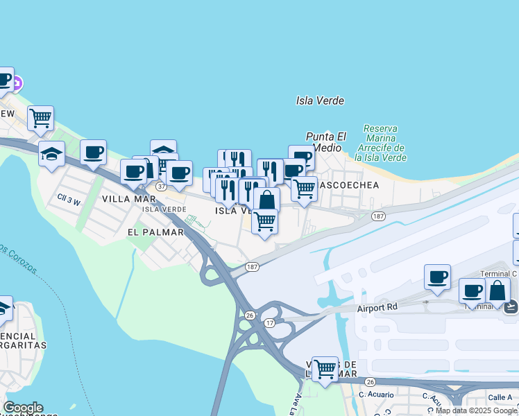 map of restaurants, bars, coffee shops, grocery stores, and more near in Carolina