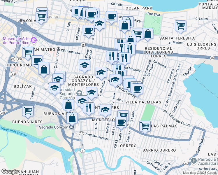 map of restaurants, bars, coffee shops, grocery stores, and more near 410 Calle del Río in San Juan