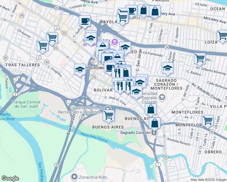 map of restaurants, bars, coffee shops, grocery stores, and more near 1648 Avenida Manuel Fernández Juncos in San Juan