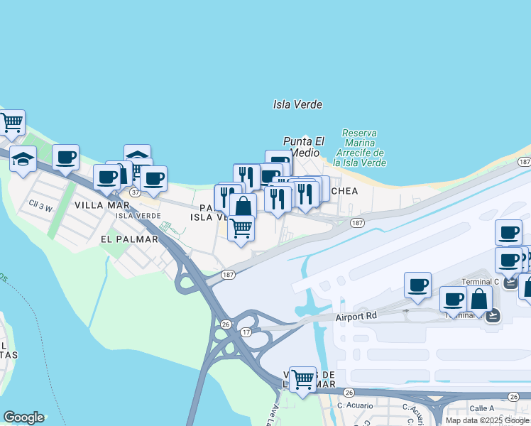 map of restaurants, bars, coffee shops, grocery stores, and more near Calle Diaz Way in Carolina