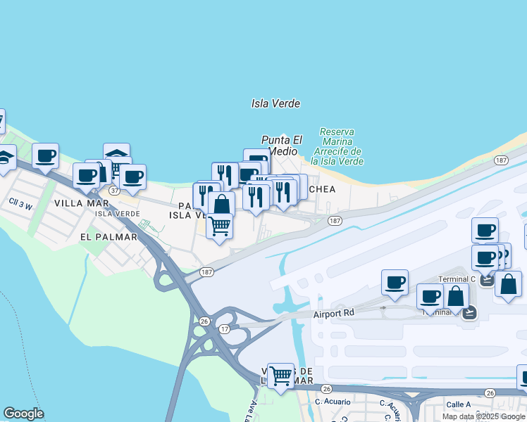 map of restaurants, bars, coffee shops, grocery stores, and more near Calle Diaz Way in Carolina