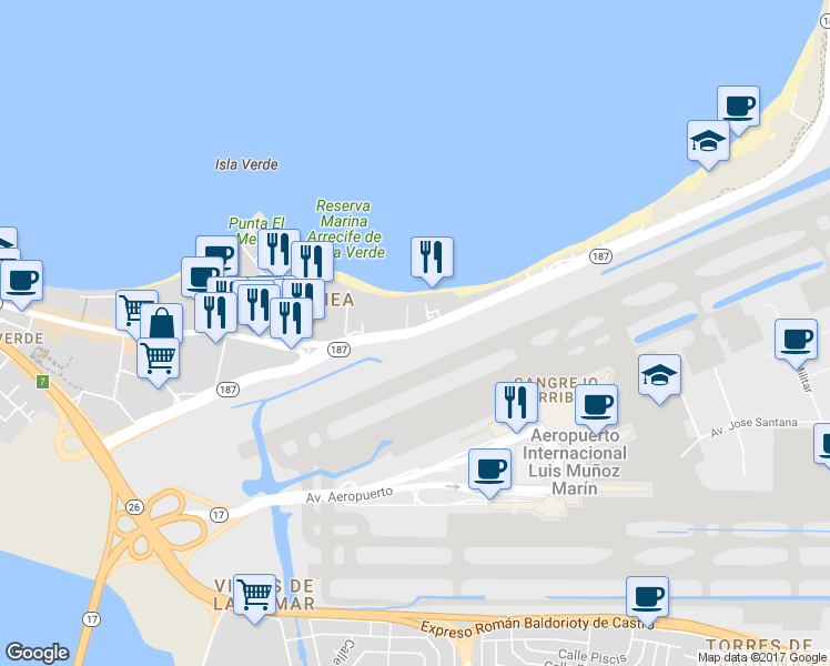 map of restaurants, bars, coffee shops, grocery stores, and more near Highway 187 in Carolina