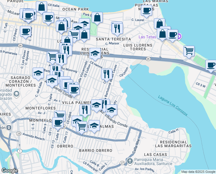 map of restaurants, bars, coffee shops, grocery stores, and more near 305-331 Calle Juncos in San Juan