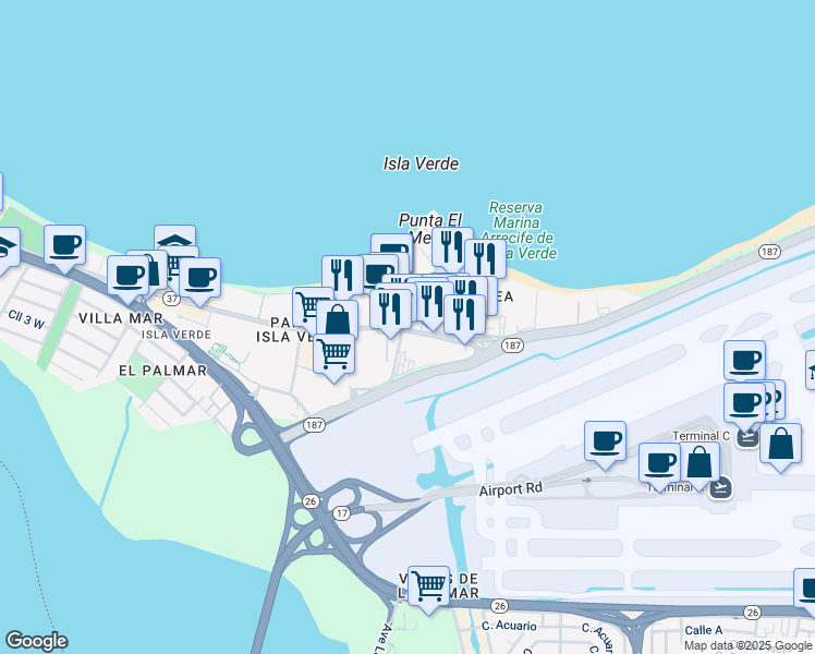 map of restaurants, bars, coffee shops, grocery stores, and more near 6741 Avenida Isla Verde in Carolina