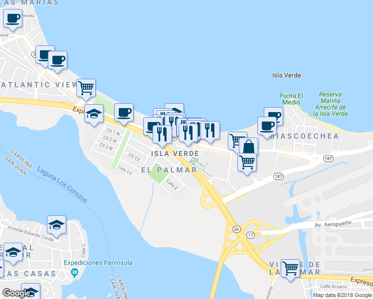 map of restaurants, bars, coffee shops, grocery stores, and more near 10 Calle Palmar Real in Carolina