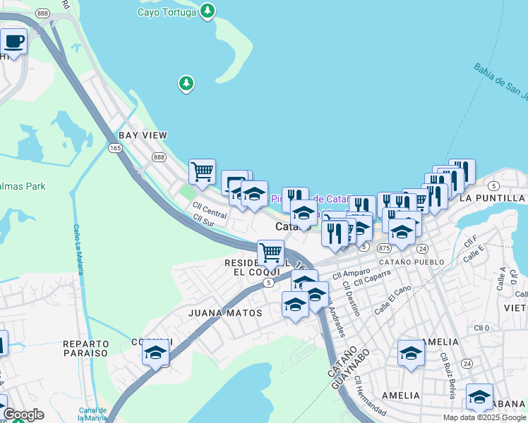 map of restaurants, bars, coffee shops, grocery stores, and more near Avenida Las Nereidas in Cataño