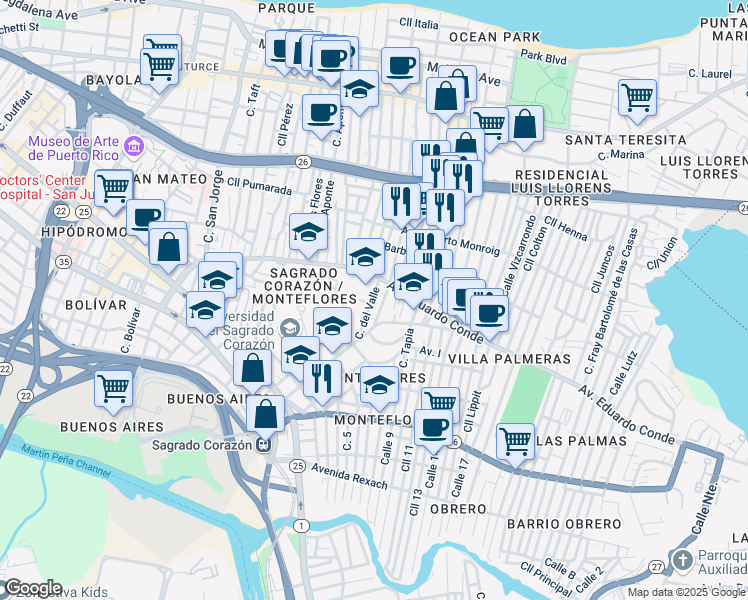 map of restaurants, bars, coffee shops, grocery stores, and more near 410 Calle del Río in San Juan