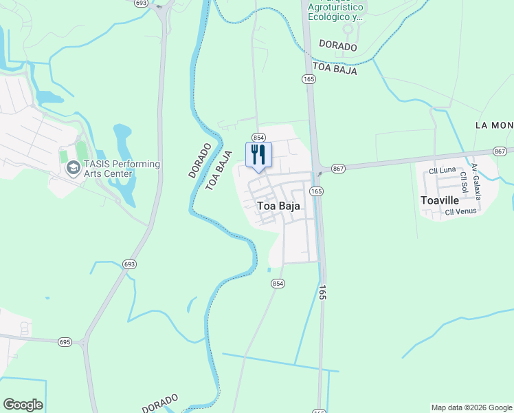 map of restaurants, bars, coffee shops, grocery stores, and more near Francisco Sosa Perez Street in Toa Baja