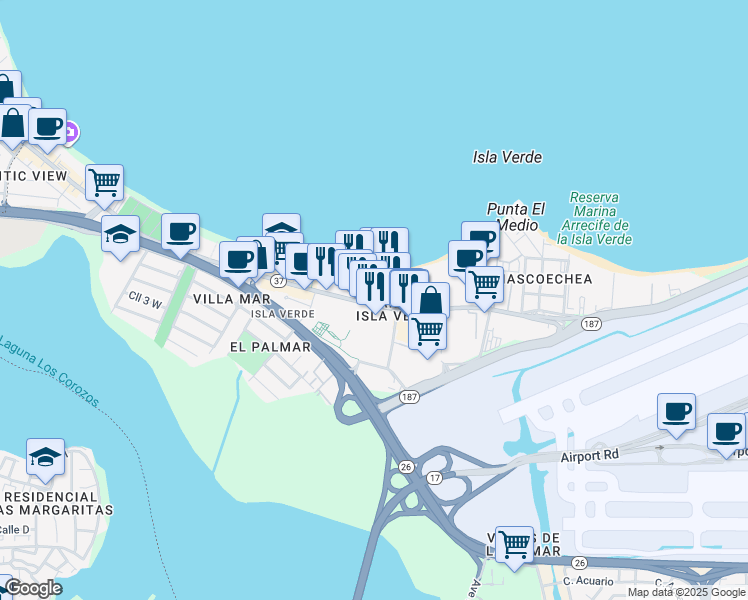map of restaurants, bars, coffee shops, grocery stores, and more near 1048 Avenida Isla Verde in Carolina