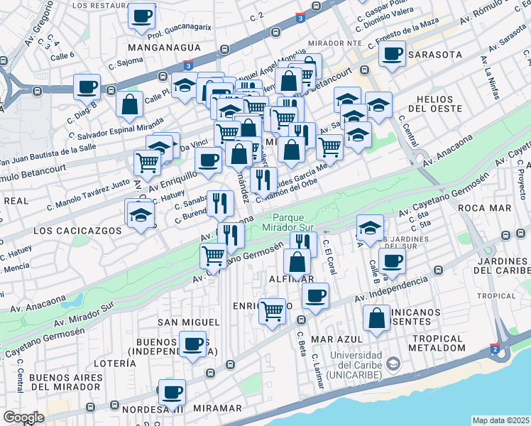 map of restaurants, bars, coffee shops, grocery stores, and more near Avenida Anacaona in Santo Domingo