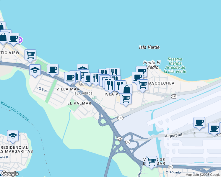 map of restaurants, bars, coffee shops, grocery stores, and more near 1048 Avenida Isla Verde in Carolina