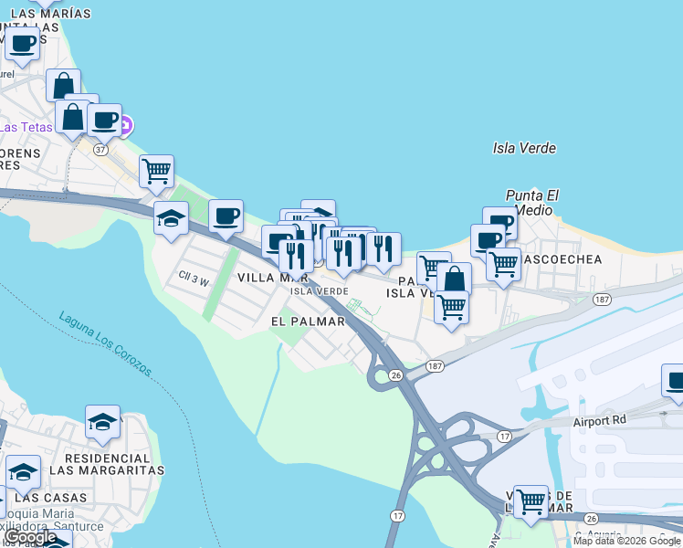 map of restaurants, bars, coffee shops, grocery stores, and more near 10 Calle Palmar Real in Carolina