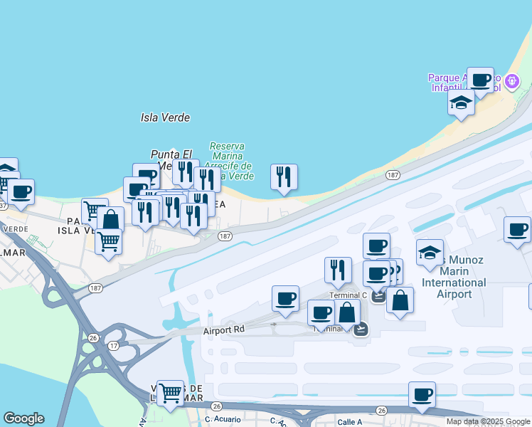 map of restaurants, bars, coffee shops, grocery stores, and more near in Carolina