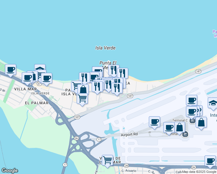 map of restaurants, bars, coffee shops, grocery stores, and more near 6741 Avenida Isla Verde in Carolina