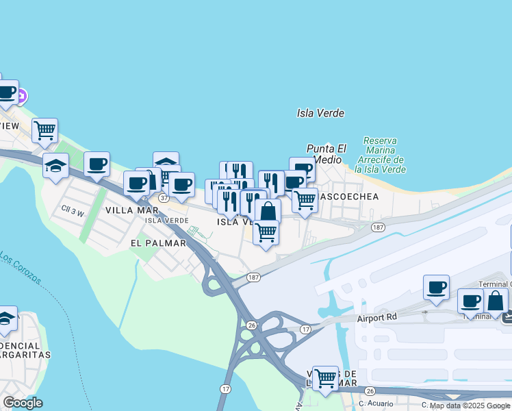 map of restaurants, bars, coffee shops, grocery stores, and more near in Carolina