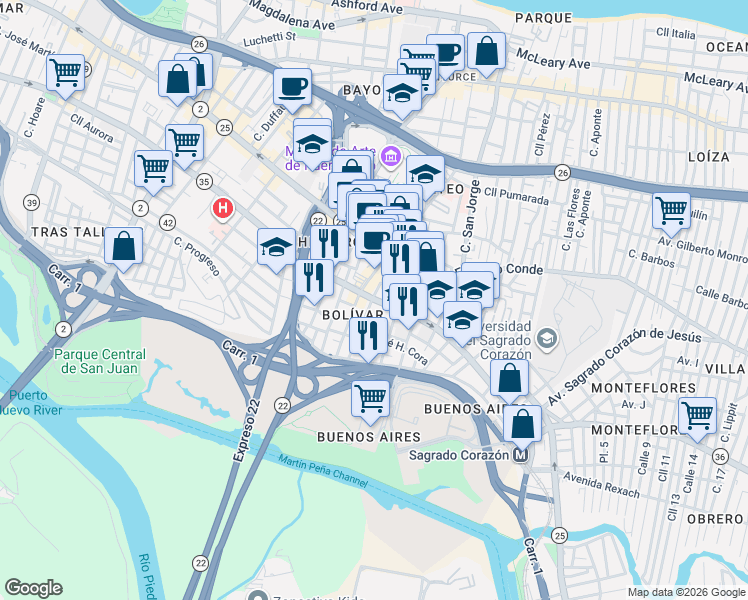 map of restaurants, bars, coffee shops, grocery stores, and more near in San Juan