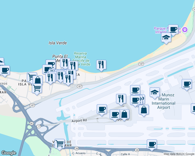 map of restaurants, bars, coffee shops, grocery stores, and more near 7185 Calle Avenue Boca de Cangrejos in Carolina