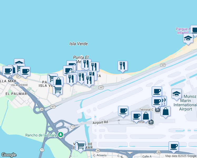 map of restaurants, bars, coffee shops, grocery stores, and more near 6961 Avenida Los Gobernadores in Carolina