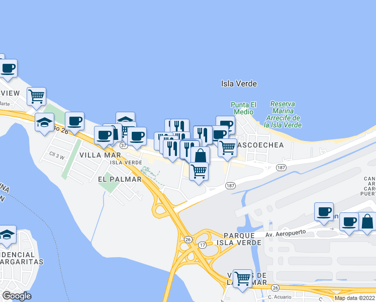 map of restaurants, bars, coffee shops, grocery stores, and more near 5859 Avenida Isla Verde in Carolina