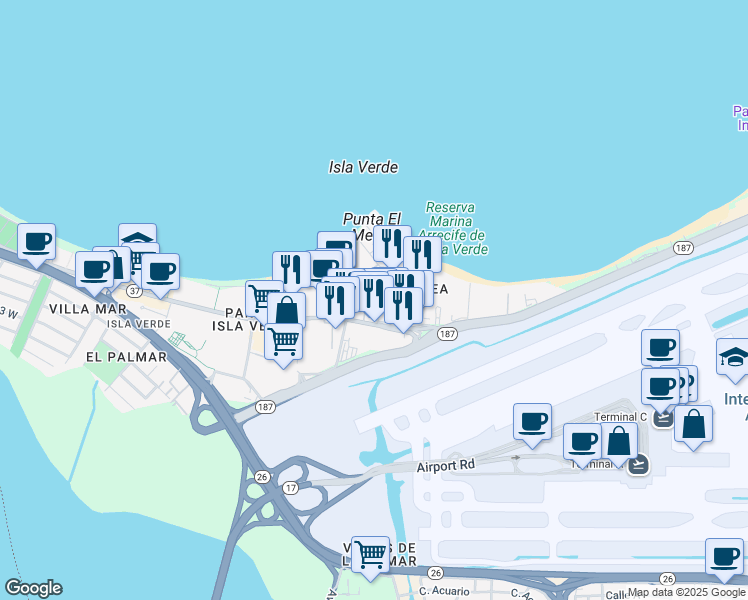 map of restaurants, bars, coffee shops, grocery stores, and more near 6741 Avenida Isla Verde in Carolina