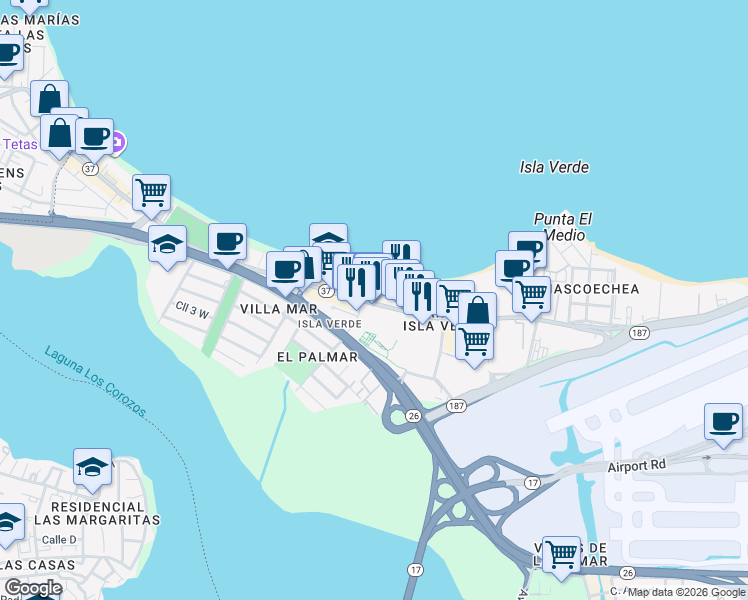 map of restaurants, bars, coffee shops, grocery stores, and more near 5984 Avenida Isla Verde in Carolina