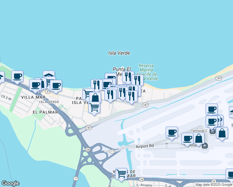 map of restaurants, bars, coffee shops, grocery stores, and more near 6741 Avenida Isla Verde in Carolina