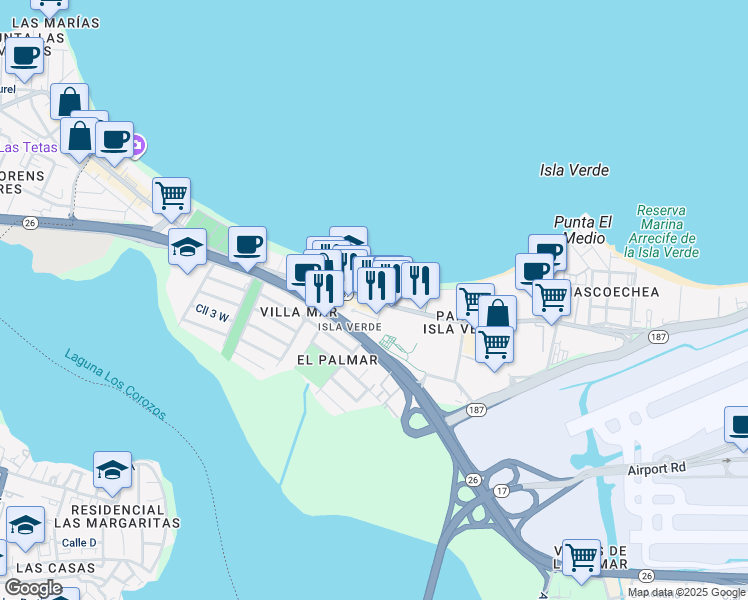 map of restaurants, bars, coffee shops, grocery stores, and more near 5245 Avenida Isla Verde in Carolina