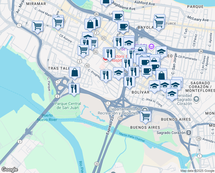map of restaurants, bars, coffee shops, grocery stores, and more near 1454 Calle Aibonito in San Juan