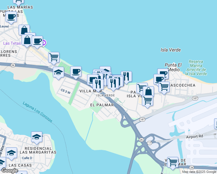 map of restaurants, bars, coffee shops, grocery stores, and more near Avenida Isla Verde in Carolina