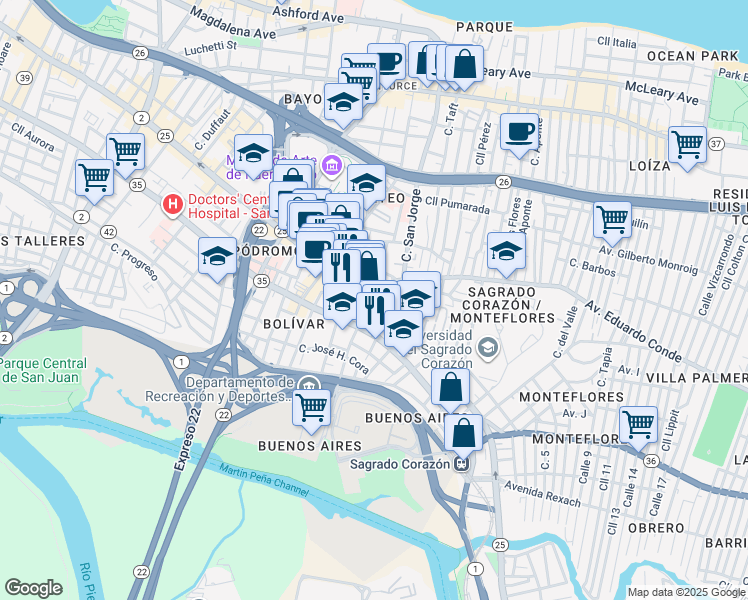 map of restaurants, bars, coffee shops, grocery stores, and more near 456 Calle Saldaña in San Juan