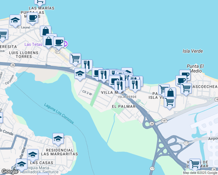 map of restaurants, bars, coffee shops, grocery stores, and more near 1225 Calle Marginal Villamar in Carolina