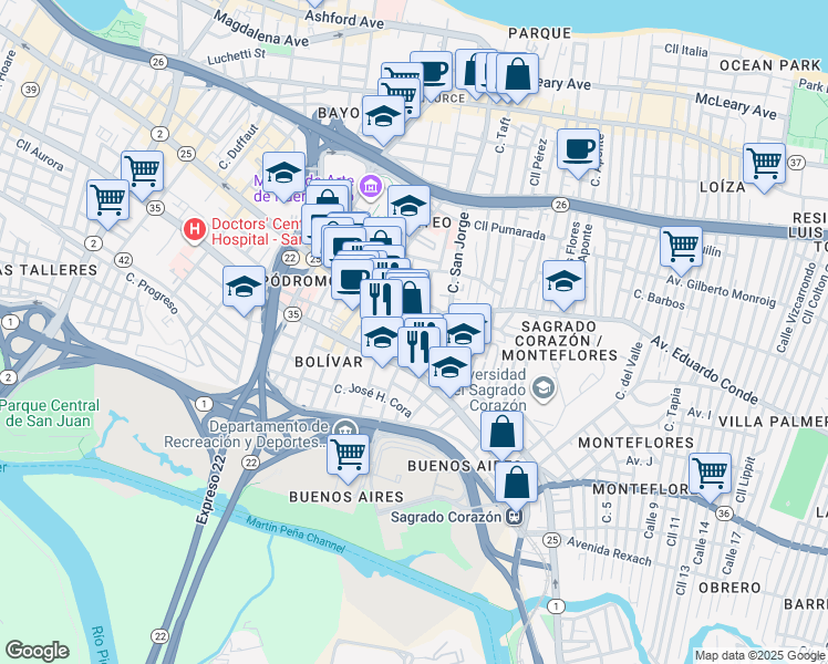 map of restaurants, bars, coffee shops, grocery stores, and more near 456 Calle Saldaña in San Juan