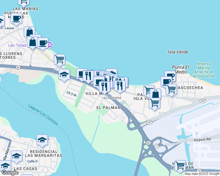 map of restaurants, bars, coffee shops, grocery stores, and more near Puerto Rico 37 in Carolina