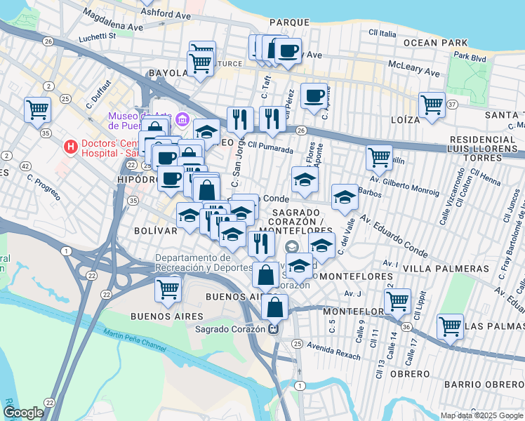 map of restaurants, bars, coffee shops, grocery stores, and more near 405-409 Calle Diez De Andino in San Juan