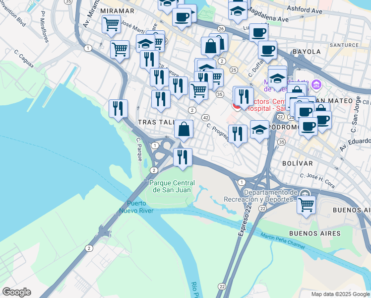 map of restaurants, bars, coffee shops, grocery stores, and more near in San Juan
