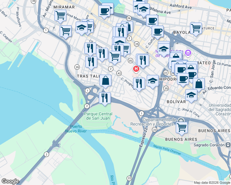 map of restaurants, bars, coffee shops, grocery stores, and more near 39 Calle San Rafael in San Juan