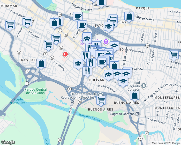 map of restaurants, bars, coffee shops, grocery stores, and more near in San Juan