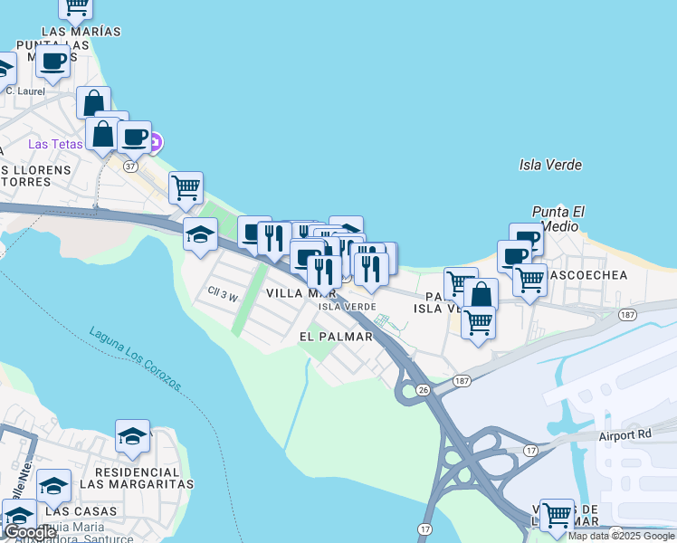 map of restaurants, bars, coffee shops, grocery stores, and more near 4837 Avenida Isla Verde in Carolina
