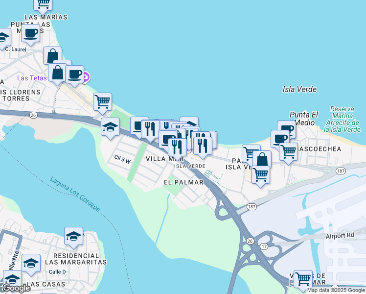 map of restaurants, bars, coffee shops, grocery stores, and more near 4837 Avenida Isla Verde in Carolina