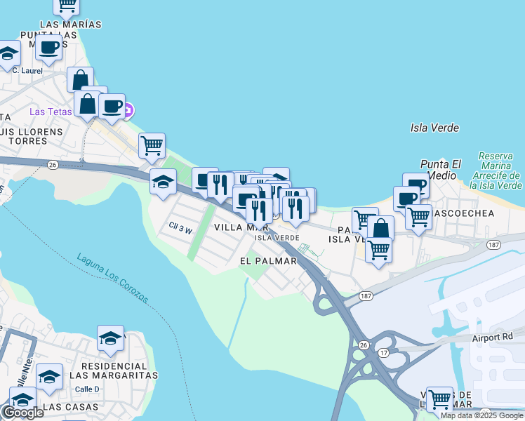 map of restaurants, bars, coffee shops, grocery stores, and more near 4837 Avenida Isla Verde in Carolina