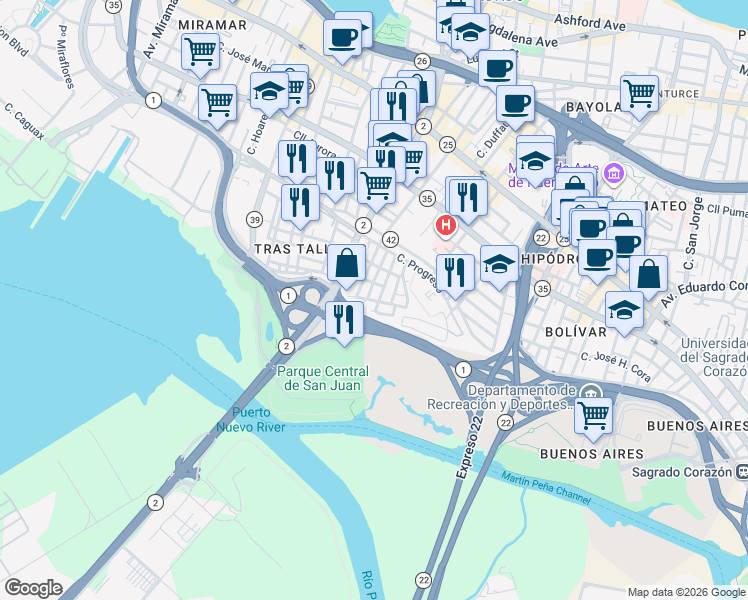 map of restaurants, bars, coffee shops, grocery stores, and more near 31-39 Calle San Rafael in San Juan