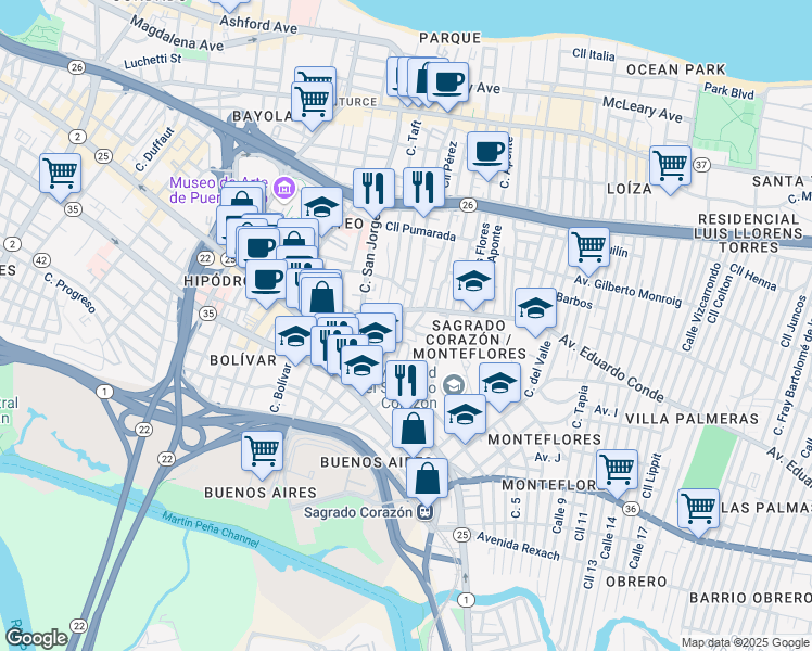 map of restaurants, bars, coffee shops, grocery stores, and more near 409 Calle Diez de Andino in San Juan